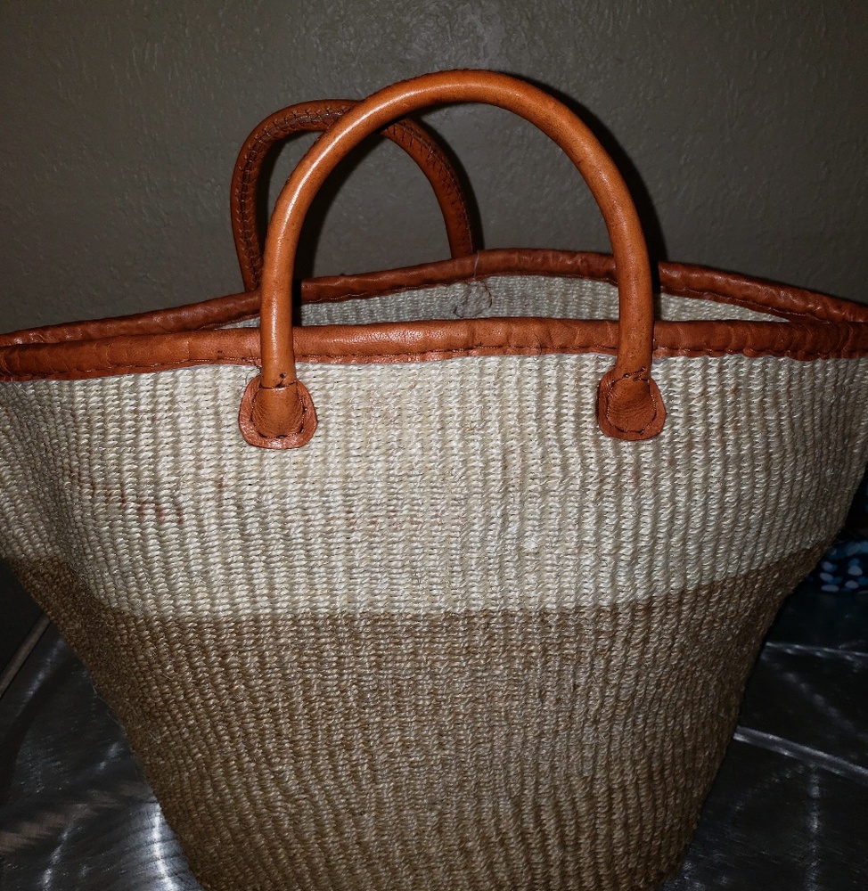 Authentic African Woven Straw/Leather Tote Large